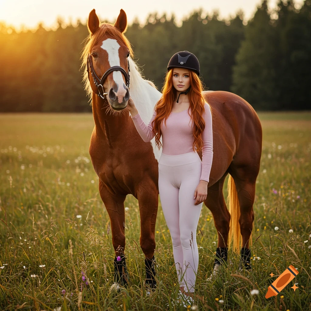 A photorealistic image of a woman with long red hair and a riding helmet, wearing a pink top and light leggings, standing next to a brown and white horse in a sunny field.