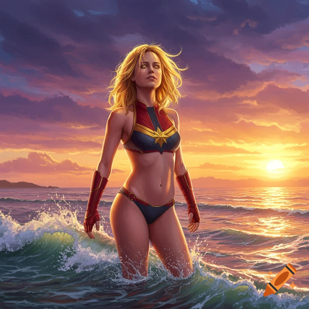 Captain Marvel in a bikini stands in the ocean at sunset with waves crashing around her, golden light reflecting on the water.
