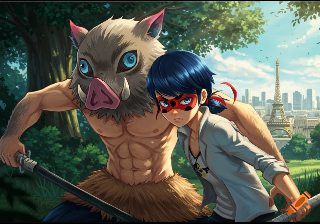 Anime illustration of Inosuke Hashibira in boar mask next to a masked character resembling Ladybug, with the Eiffel Tower in the background.