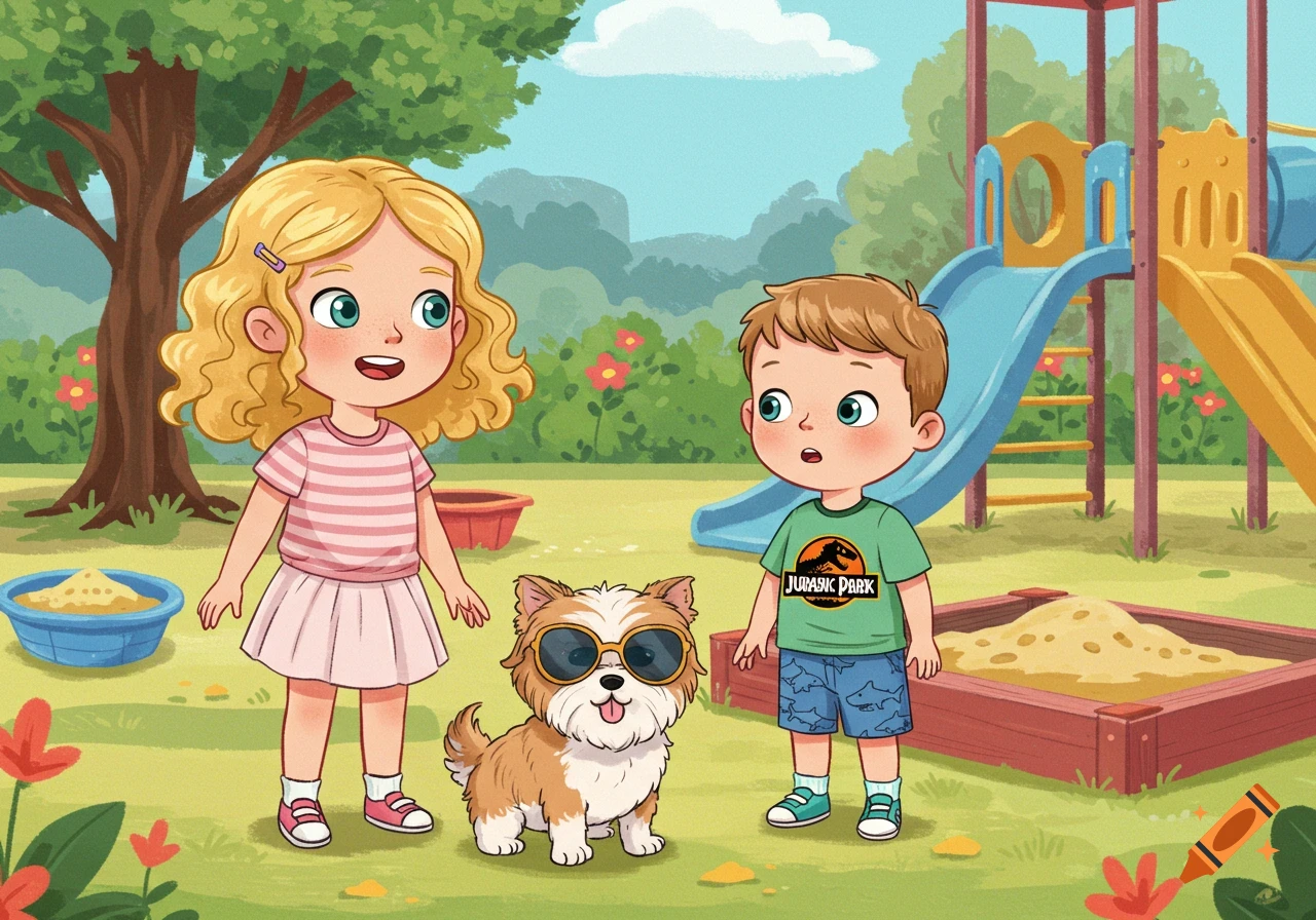 A cartoon of a blond girl, a boy in a Jurassic Park shirt, and a shih tzu dog wearing sunglasses at a park playground.