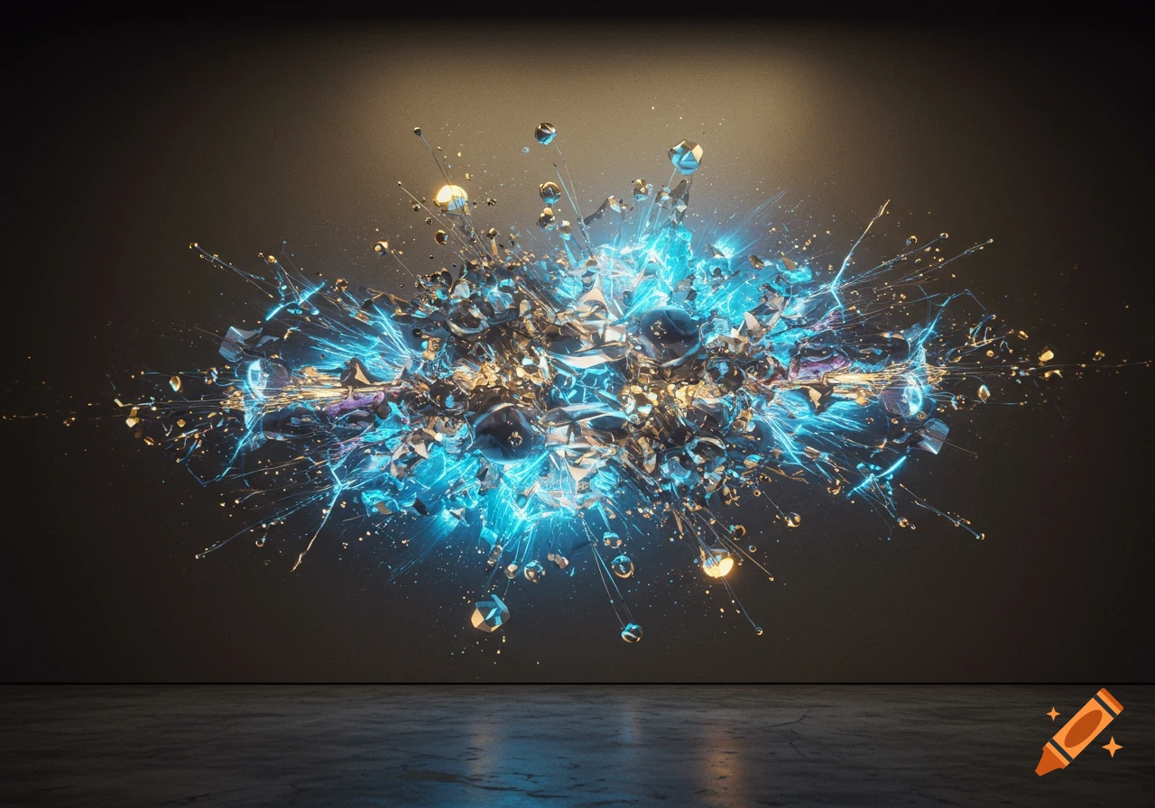Vibrant abstract burst of glowing blue light and metallic fragments on a dark background with a concrete floor.