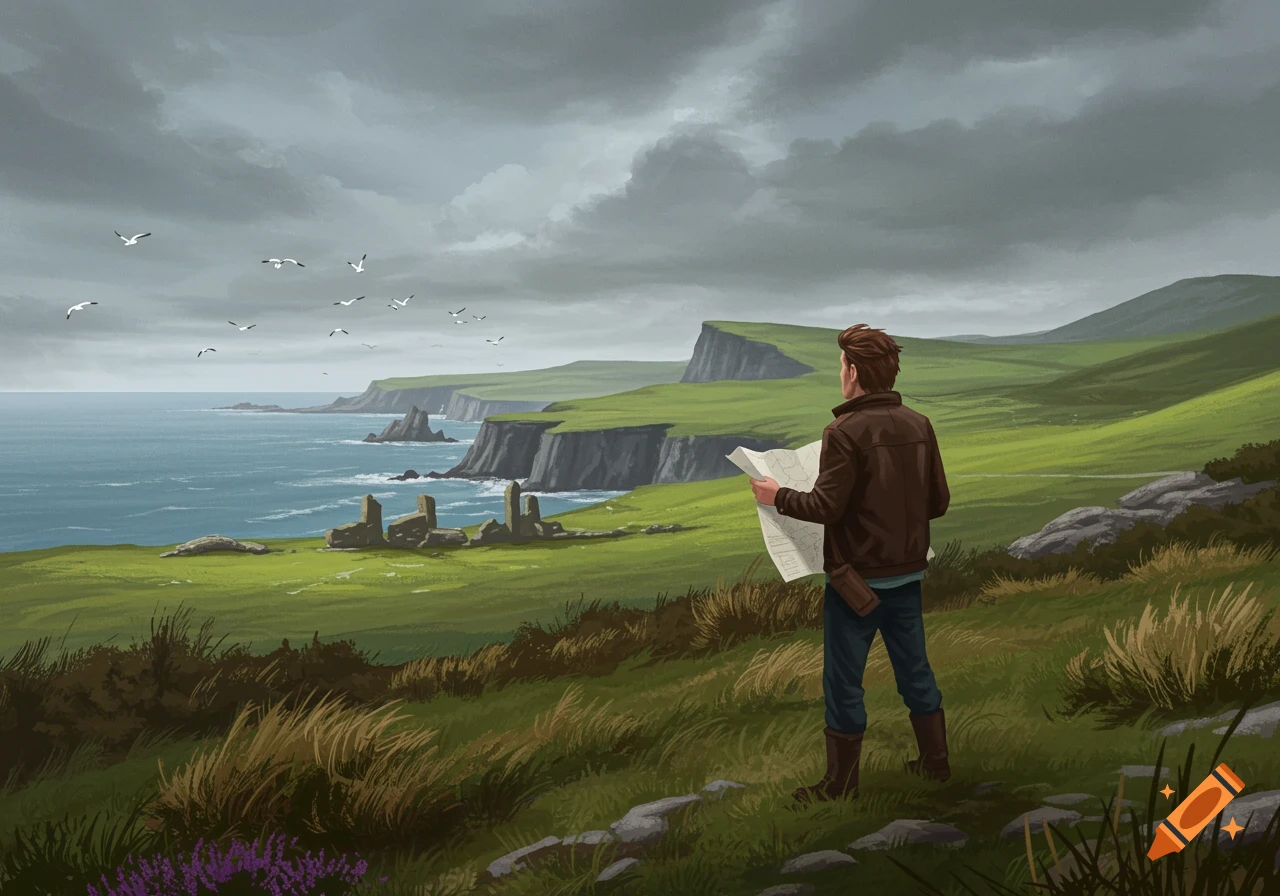 A person in a brown jacket holding a map stands on a grassy cliff overlooking a rugged coastline with a cloudy sky and flying seagulls. Digital art.