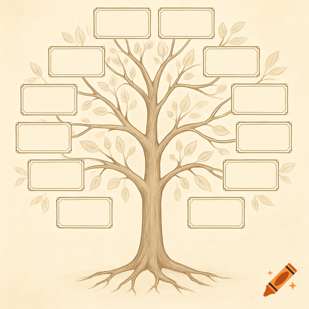 Sepia-toned illustration of a family tree with a sturdy trunk and branches, featuring multiple empty rectangular boxes for names and light brown leaves, set against a light, textured background.