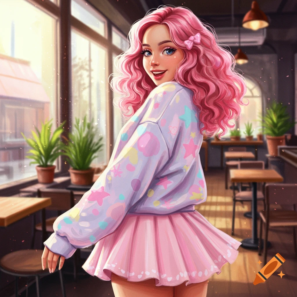 A smiling young woman with pink hair in a pastel sweater and pink skirt poses in a sunlit cafe.