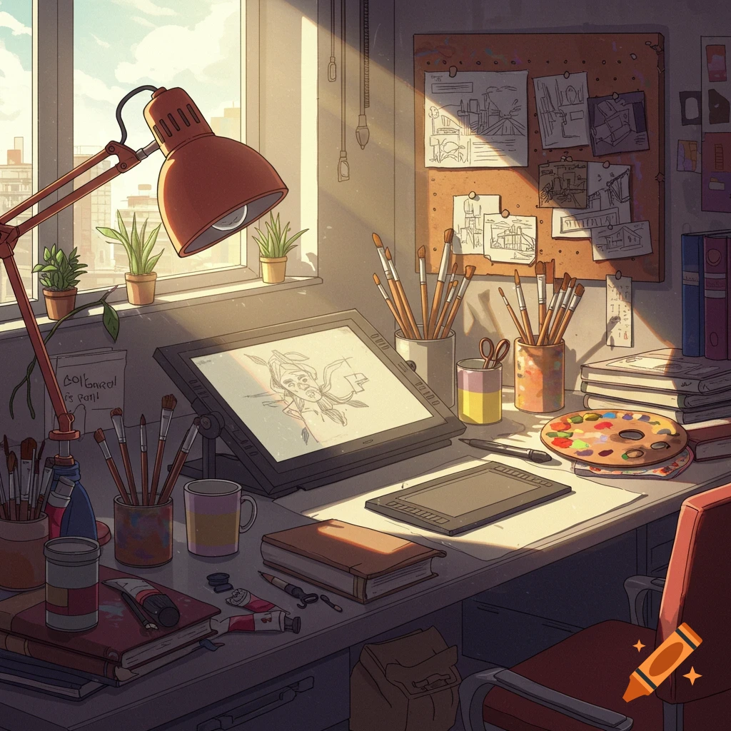 An artist's sunlit anime-style workspace with a digital drawing tablet, art supplies, and sketches on a corkboard.