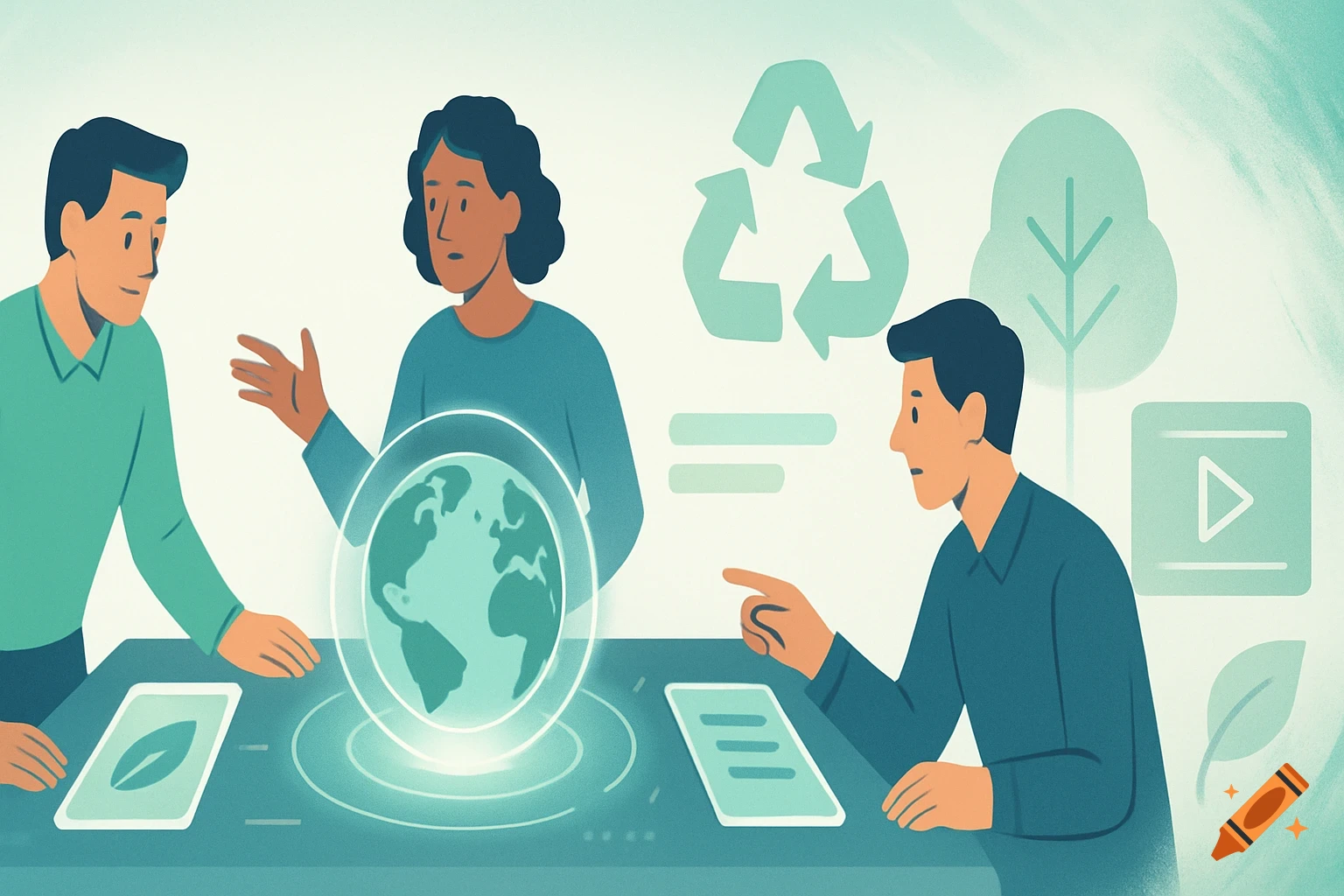 Three people collaborate around a holographic globe and tablets, with symbols of recycling, trees, and play in a clean illustration style.