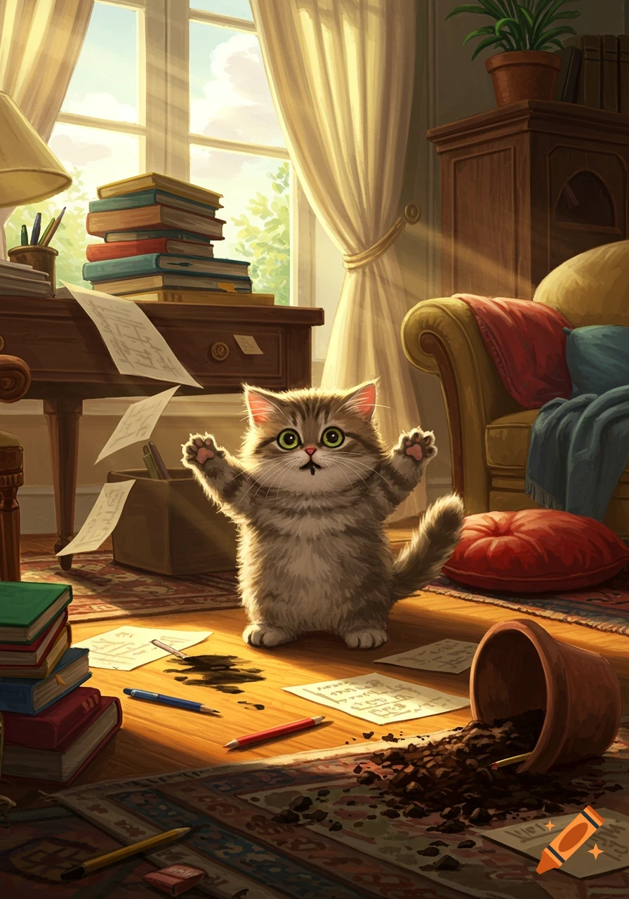 A fluffy kitten stands in a sunlit, messy living room, surrounded by scattered papers, pens, and spilled plant soil.