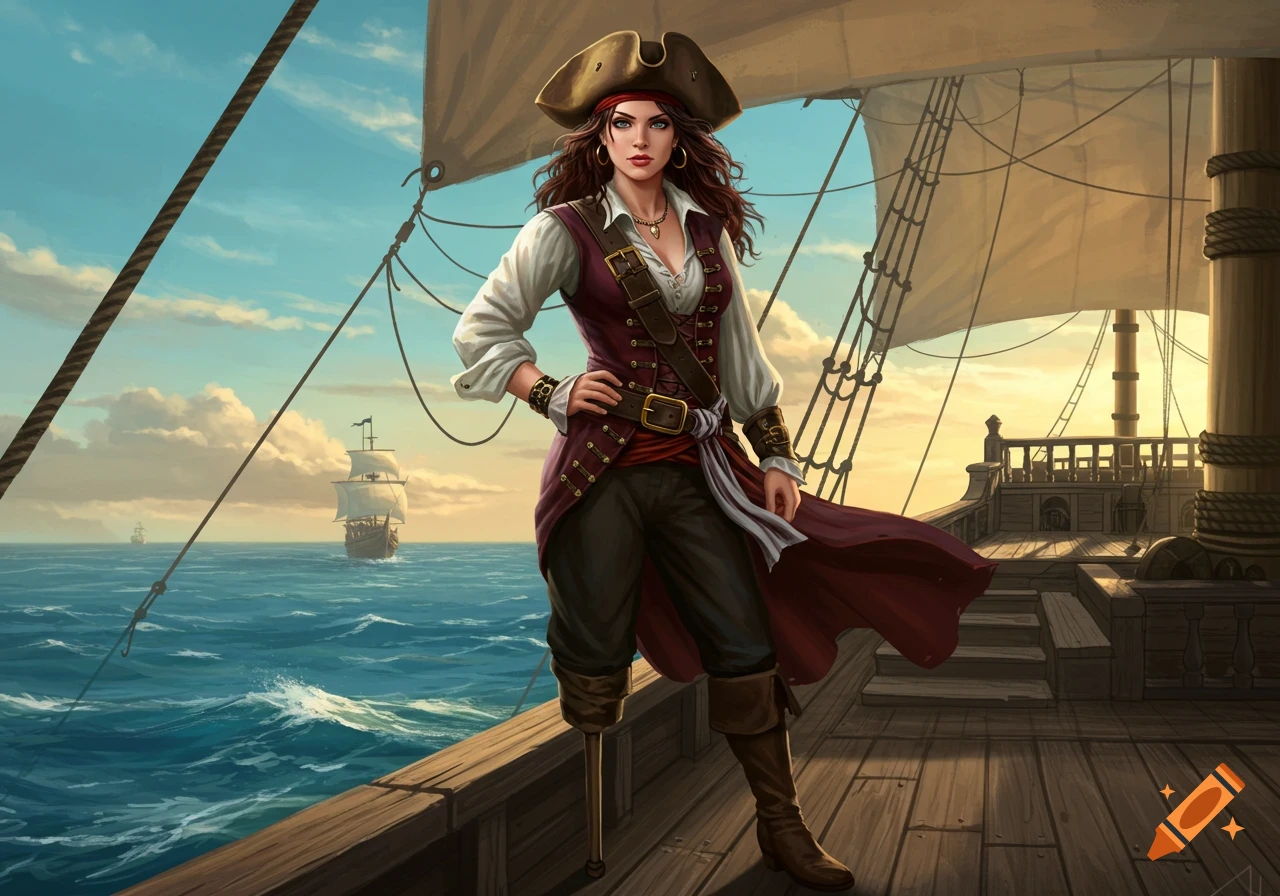 A confident female pirate with a peg leg stands on a ship's deck, looking out at the sea and other sailing ships under a dramatic sky.