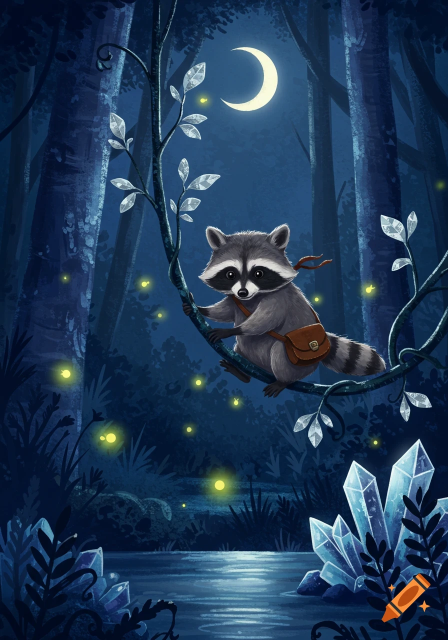 A cute raccoon with a satchel sits on a tree branch in a magical moonlit forest, surrounded by fireflies and glowing crystals.