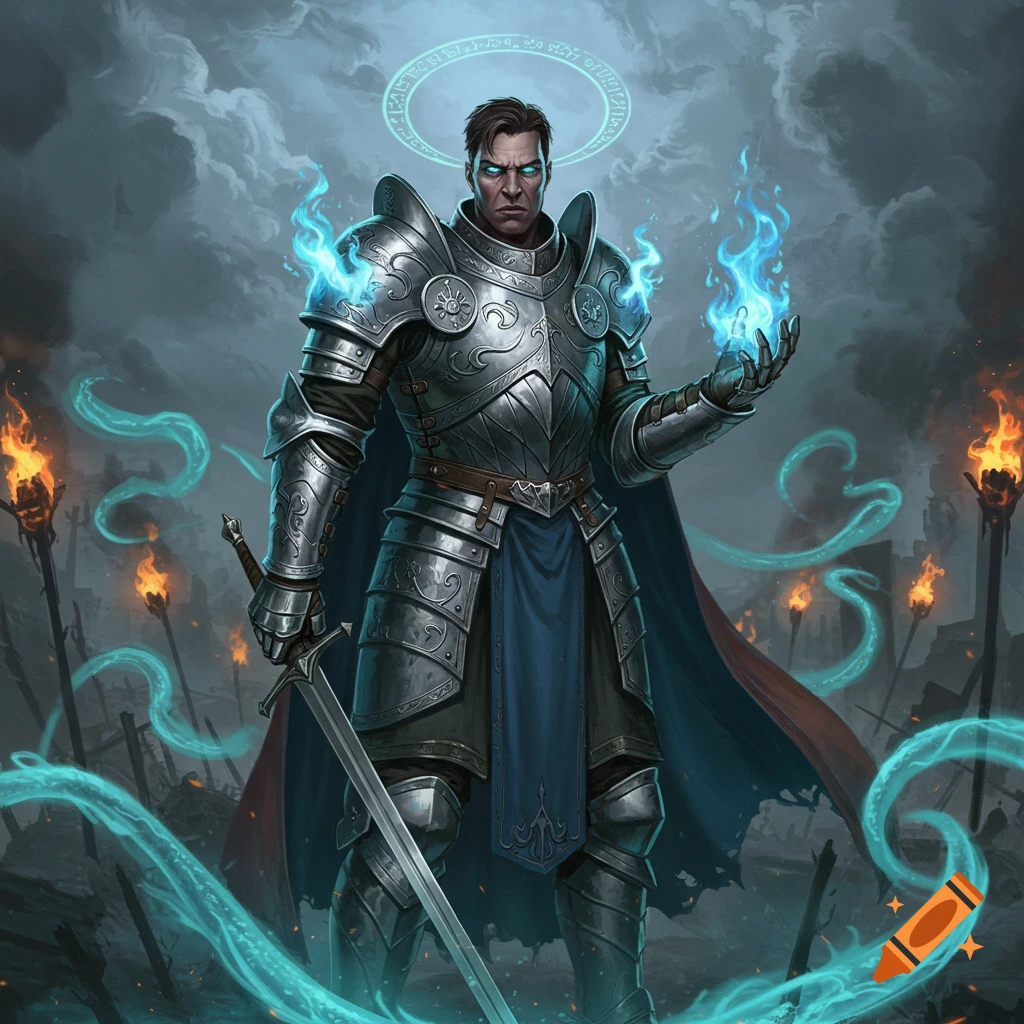 A male paladin in ornate silver armor with a blue cape and glowing blue eyes, wielding a sword and radiating blue flames, stands in a gloomy, torch-lit landscape.