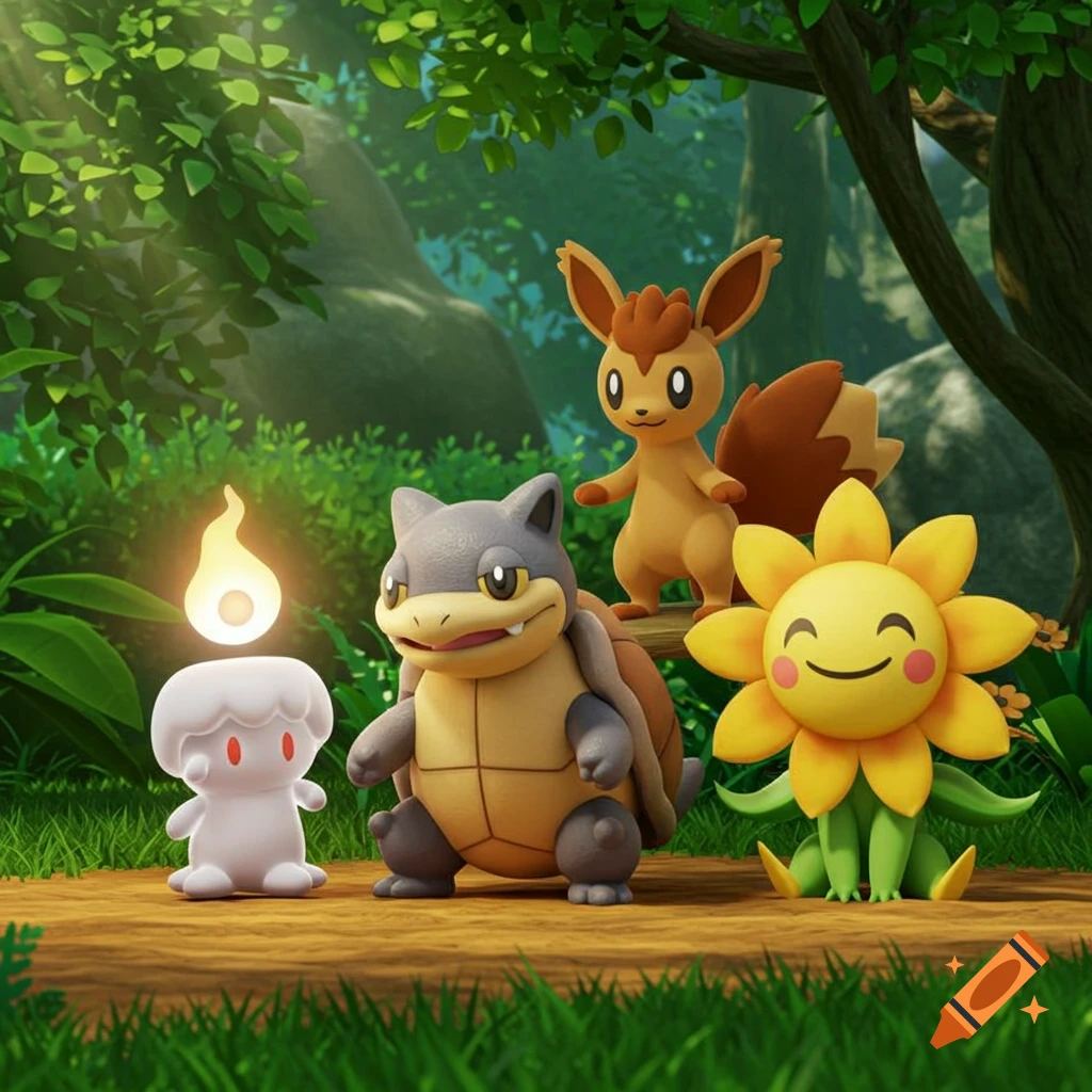 A CGI image of a white Litwick, a grey and brown Klawf, a brown Skwovet, and a yellow Sunflora Pok Amon in a forest.