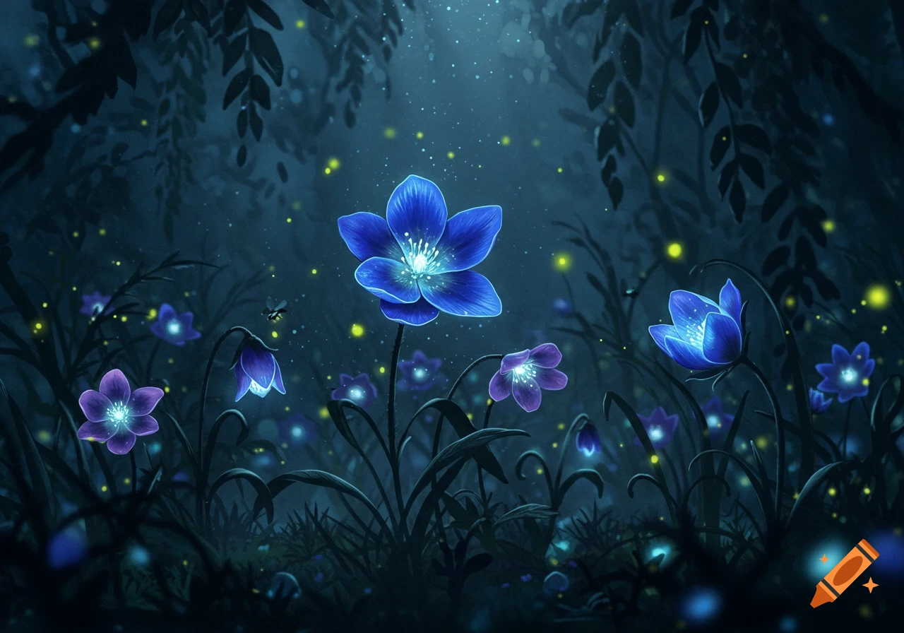 Blue and purple glowing flowers in a dark, magical forest at night.
