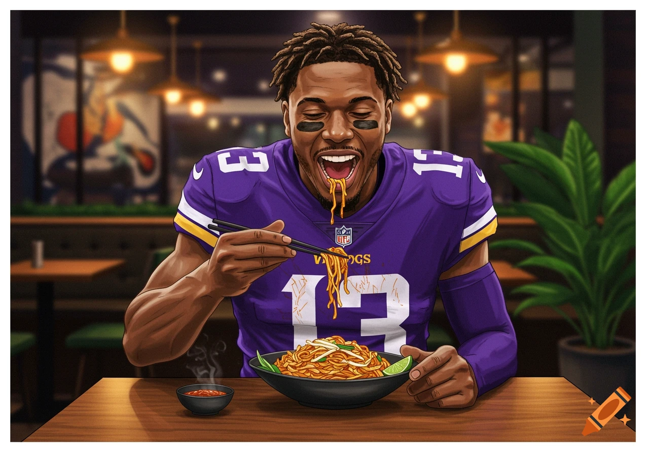 Illustrated football player in a purple Vikings jersey eating noodles with chopsticks at a restaurant.