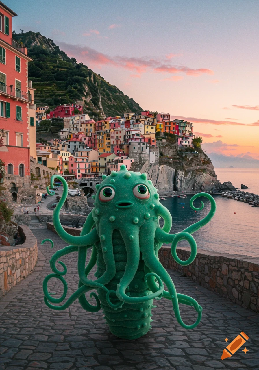 A green, cartoonish octopus-like creature with big eyes stands on a cobblestone path in a colorful Italian coastal village at sunset.