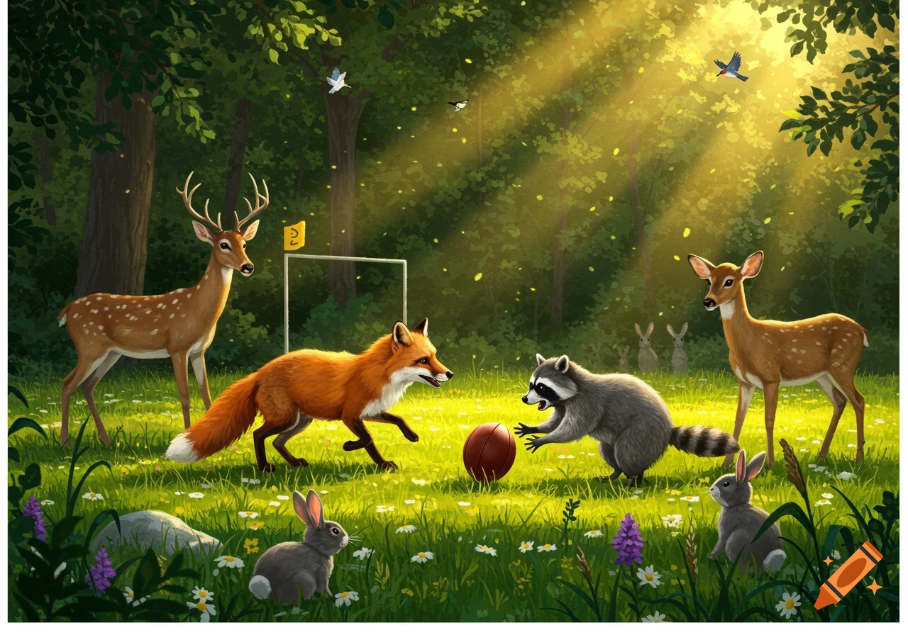 A vibrant illustration of a fox and raccoon playing football in a sunny forest clearing, with deer, rabbits, and birds watching.