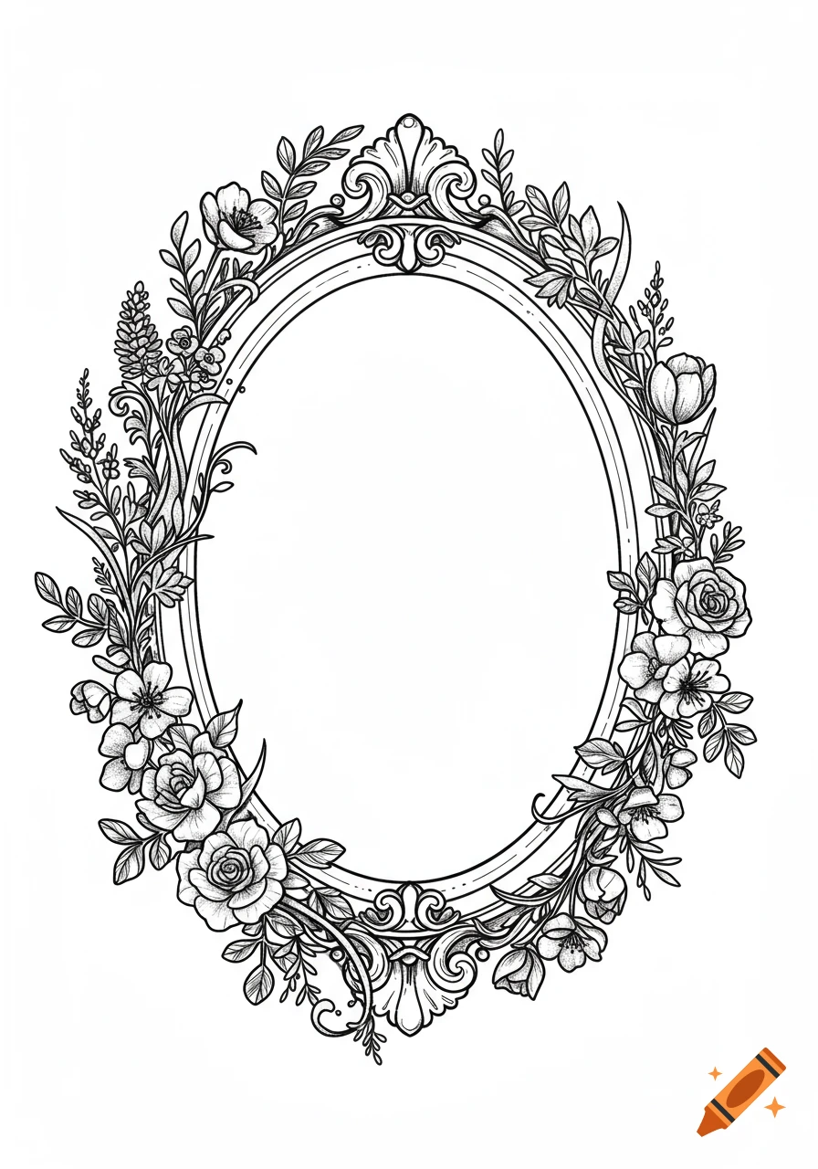 Black and white illustration of an ornate oval frame adorned with wildflowers, roses, tulips, and leaves flowing around it.