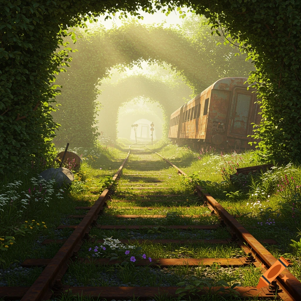 An abandoned, rusty train car sits on overgrown railway tracks leading into a leafy tunnel bathed in golden sunlight.