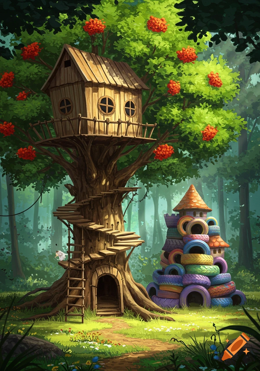 A whimsical illustration of a tall treehouse and a colorful tire castle in a vibrant green forest.