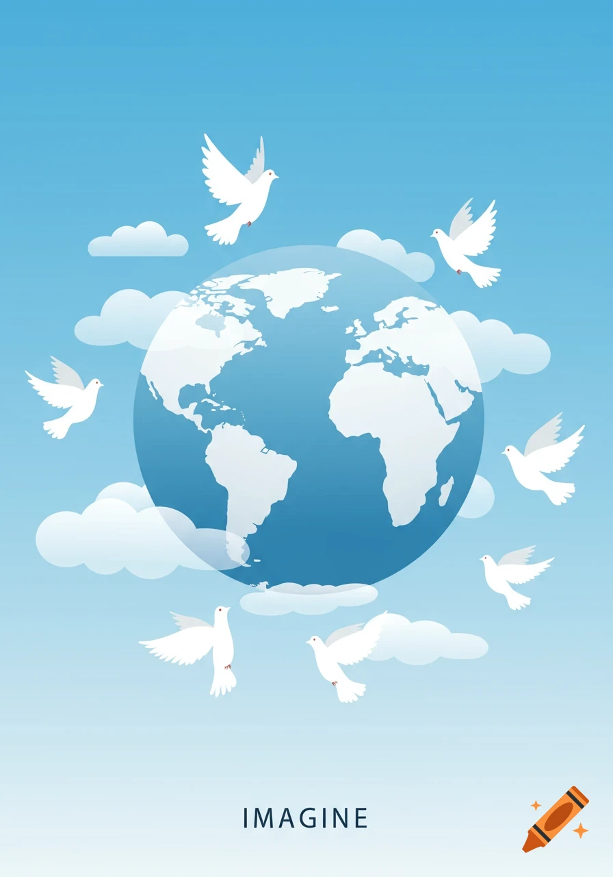 A stylized illustration of the Earth globe surrounded by white flying doves and clouds, with the word IMAGINE below.