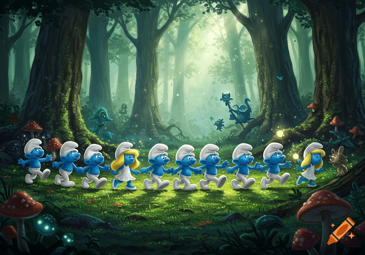 A line of cartoon Smurfs and Smurfette march through a luminous, magical forest with tall trees and red mushrooms.