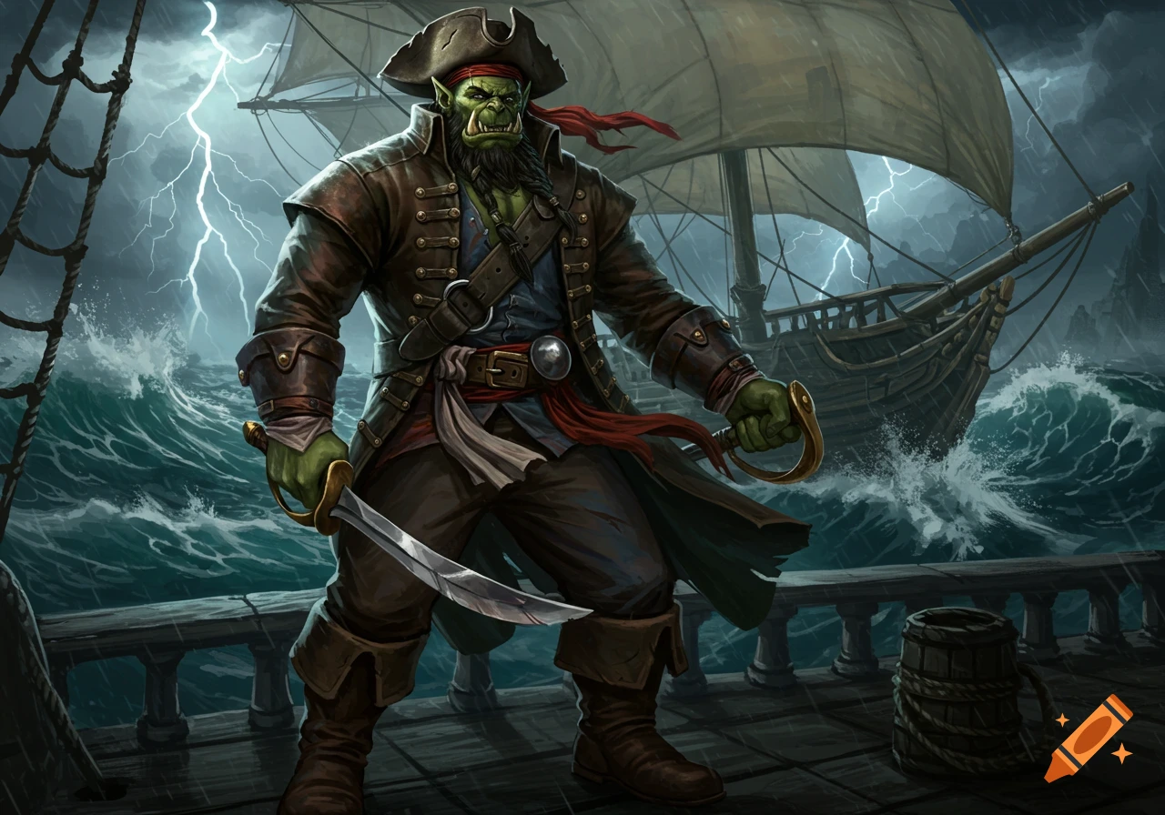 A green-skinned orc pirate with a sword stands on a ship deck during a stormy sea with lightning.