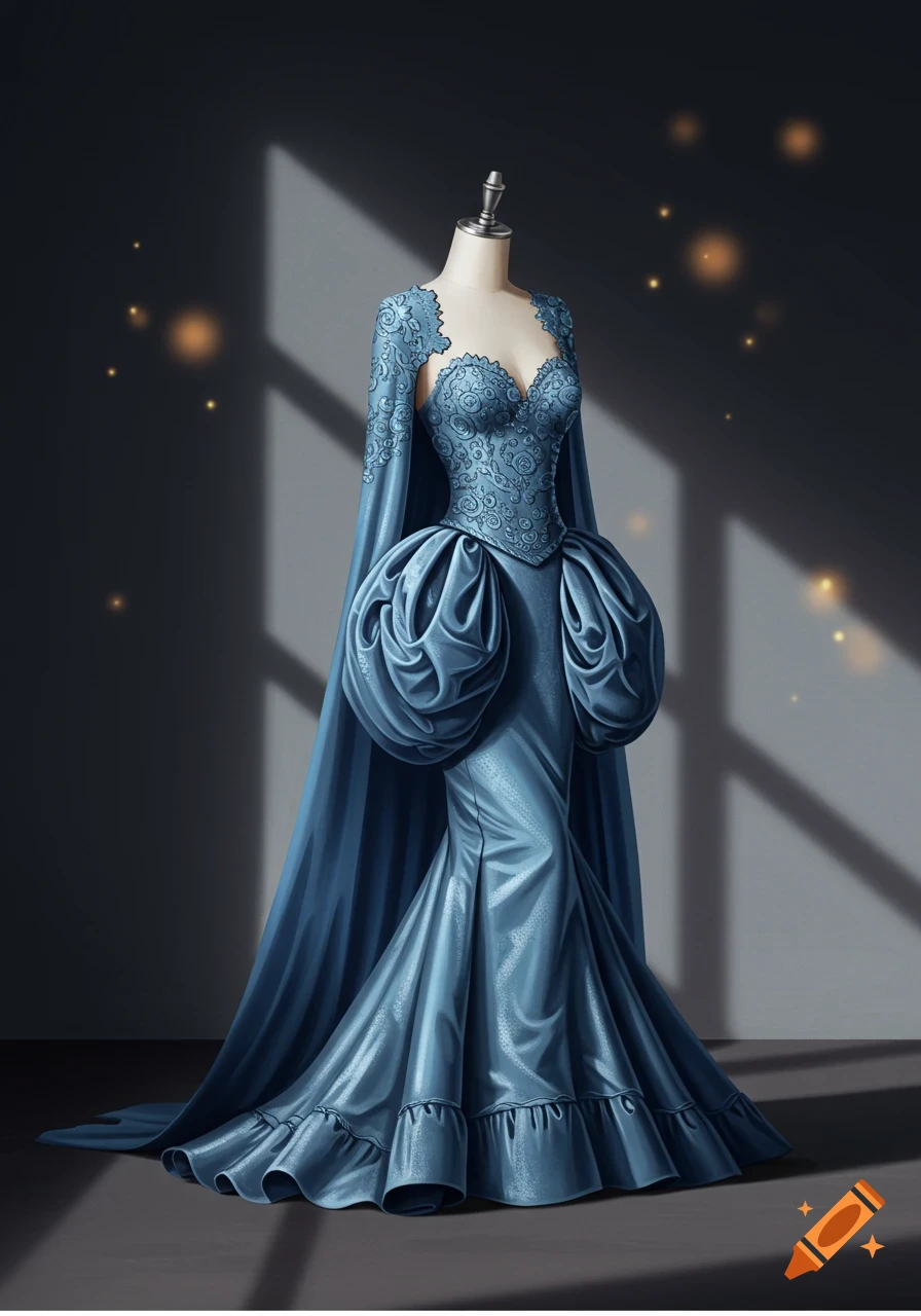 Elegant blue gown with a long train and puffed accents on a mannequin, set against a shadowed wall with sparkling lights.