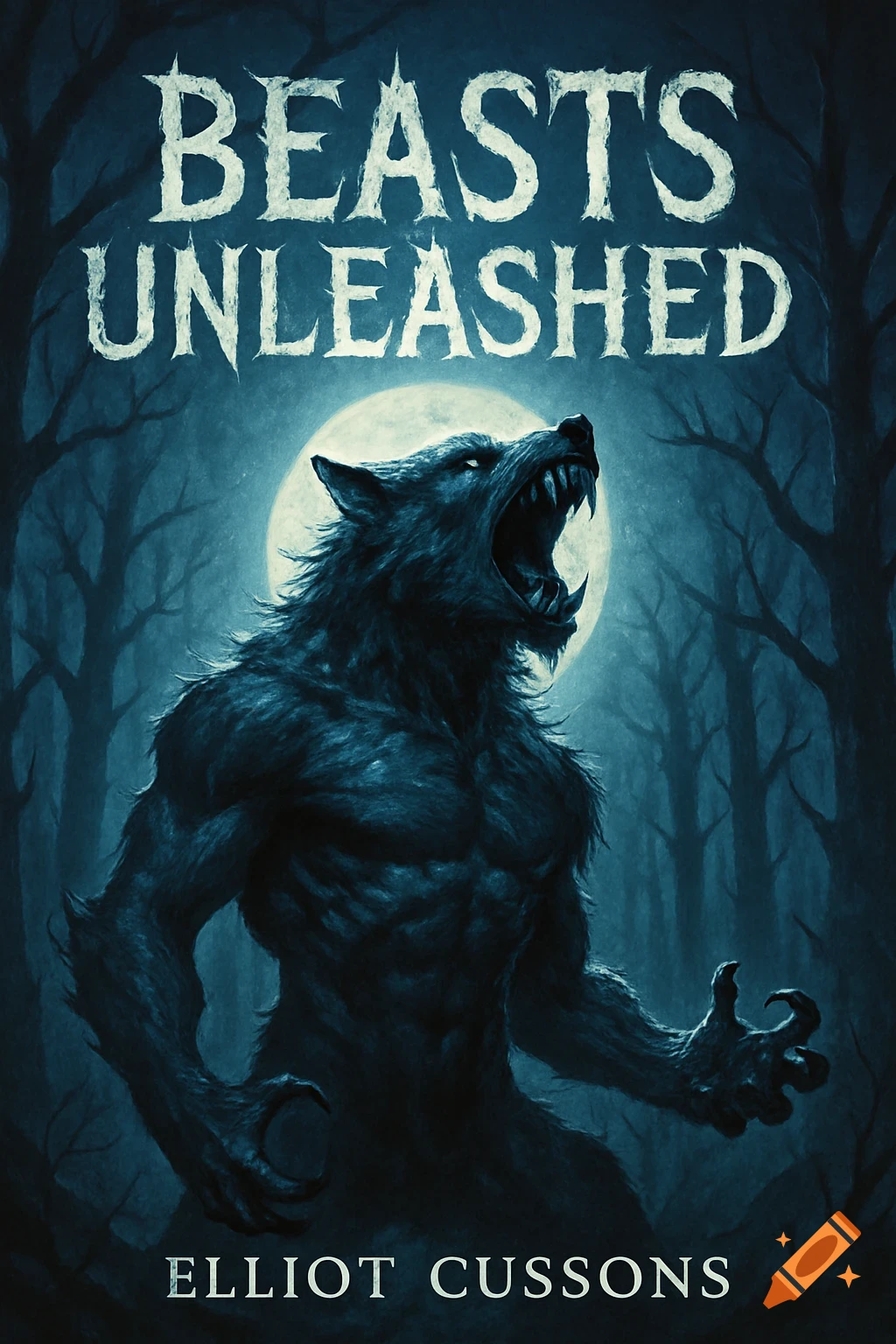 A dark fantasy book cover featuring a roaring werewolf in a moonlit forest. Text reads 'BEASTS UNLEASHED' and 'ELLIOT CUSSONS'.