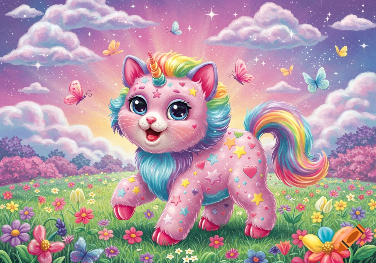 A fluffy pink caticorn with a rainbow mane and tail walks through a bright flower field with butterflies and a pastel sky.