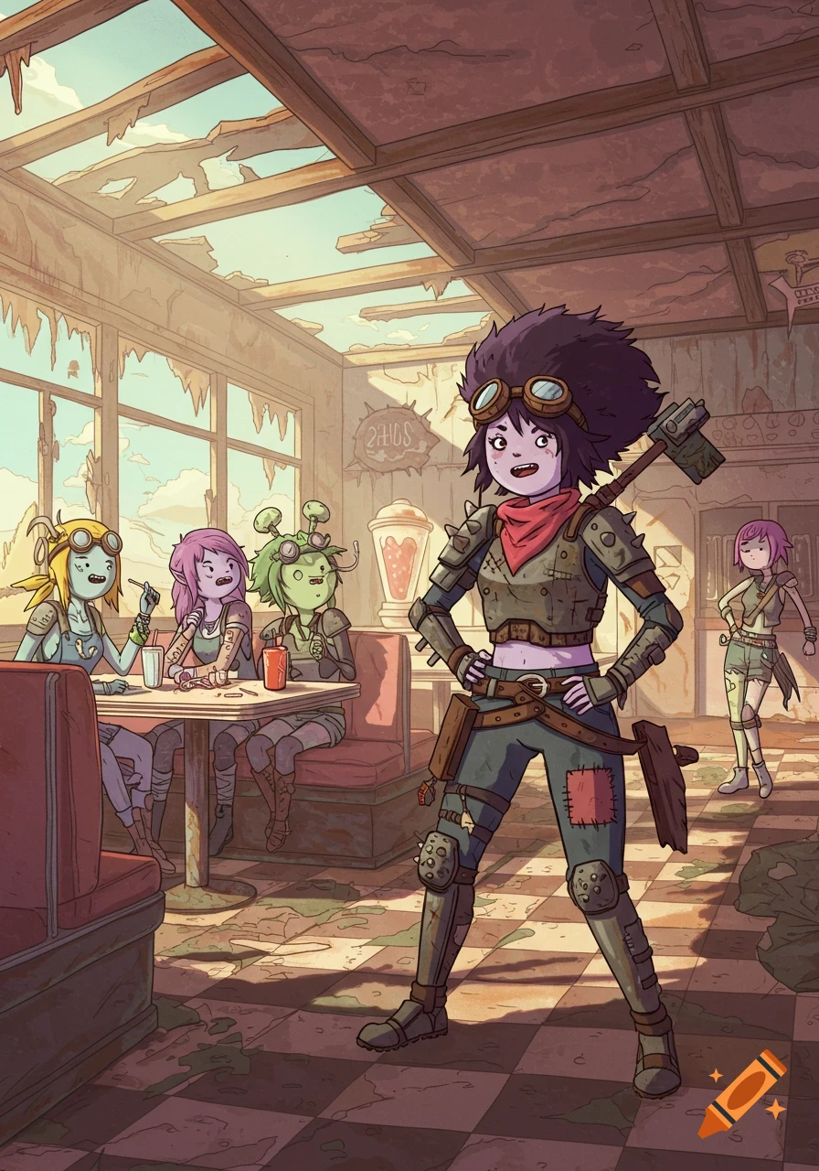A spiky-haired raider girl in goggles and armor stands in a derelict diner while her raider friends sit at a table, in an Adventure Time cartoon style.