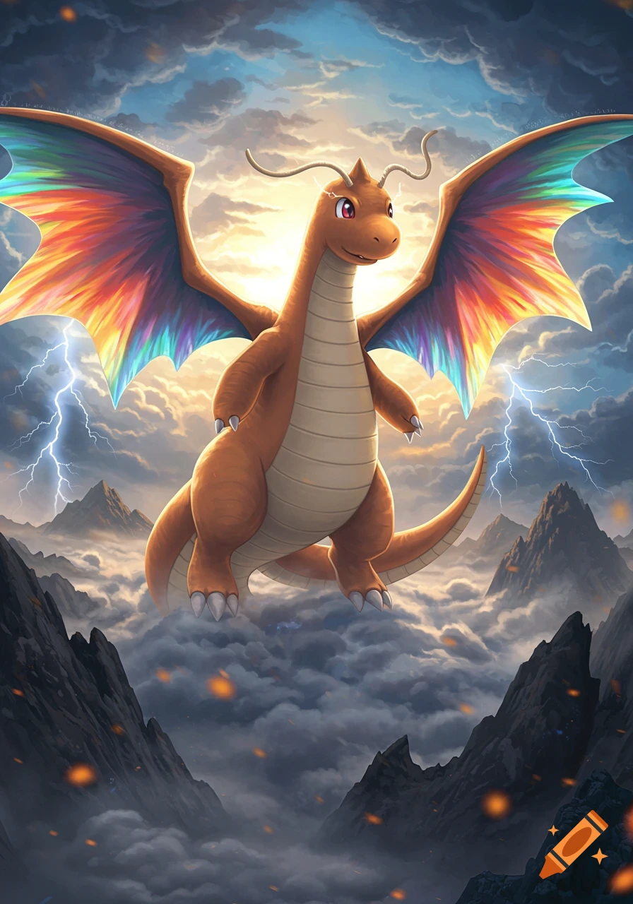 An illustrative image of Dragonite, a large orange dragon-like creature with rainbow wings, flying through a stormy sky with lightning over mountains.