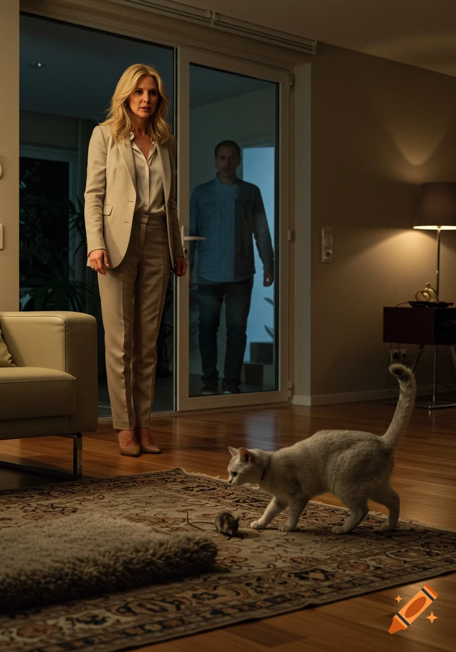 A stylish blonde woman stands in a modern living room as a man enters through a glass door; a white cat stalks a mouse on a rug. The woman appears upset.
