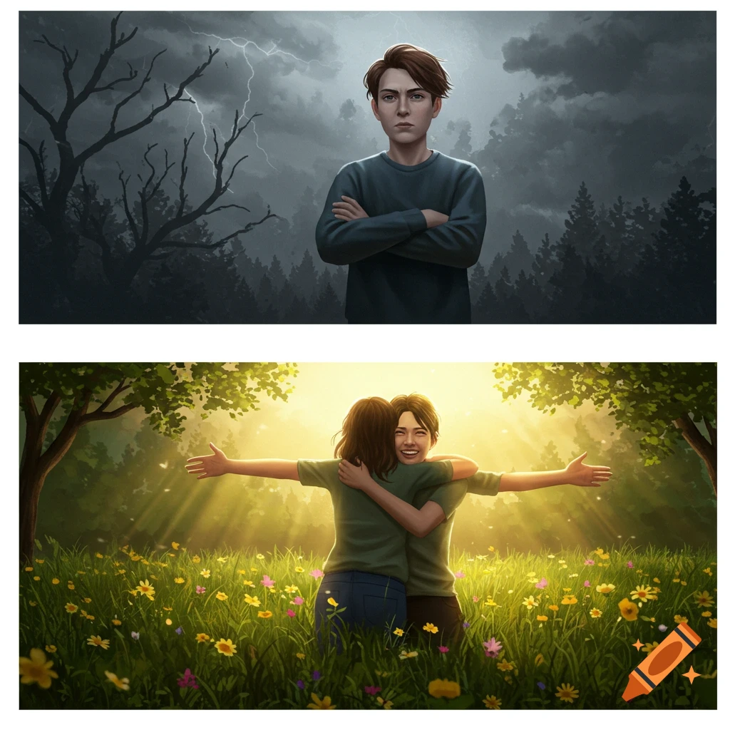 A two-panel image. The top panel shows a frowning person with folded arms in a stormy forest. The bottom panel shows two people hugging in a sunny, flower-filled meadow.