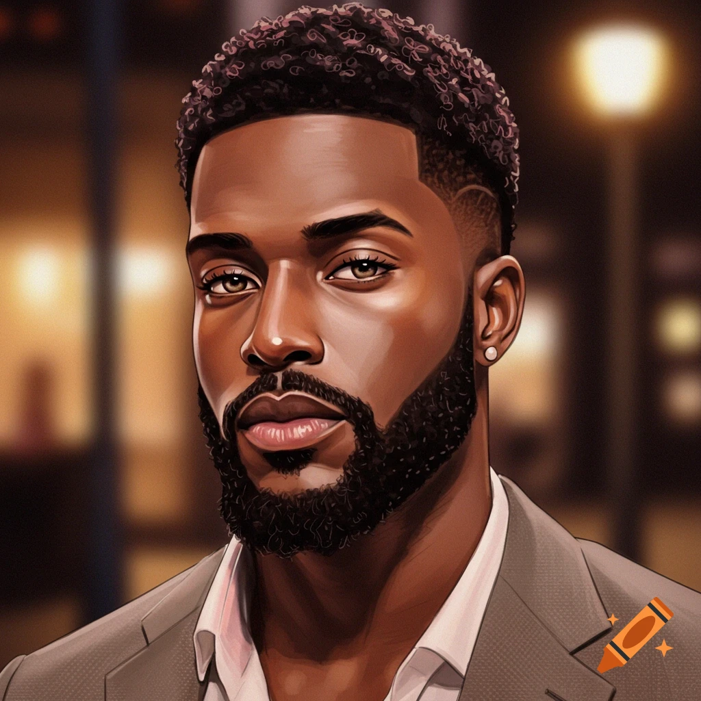 A digital art portrait of a dark-skinned man with curly hair, a beard, and light brown eyes, wearing a suit.