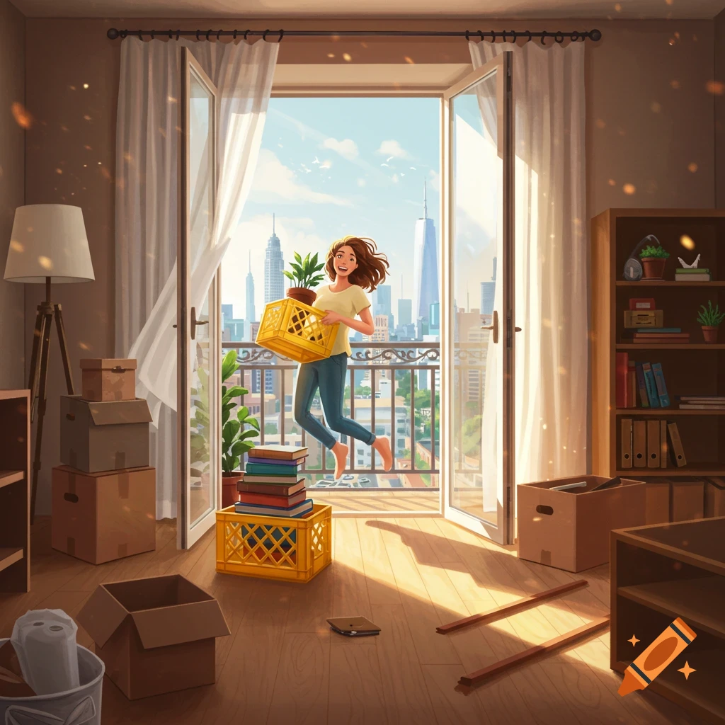 A cheerful woman holding a plant in a yellow crate, jumping on a balcony overlooking a city skyline, with moving boxes in an apartment.