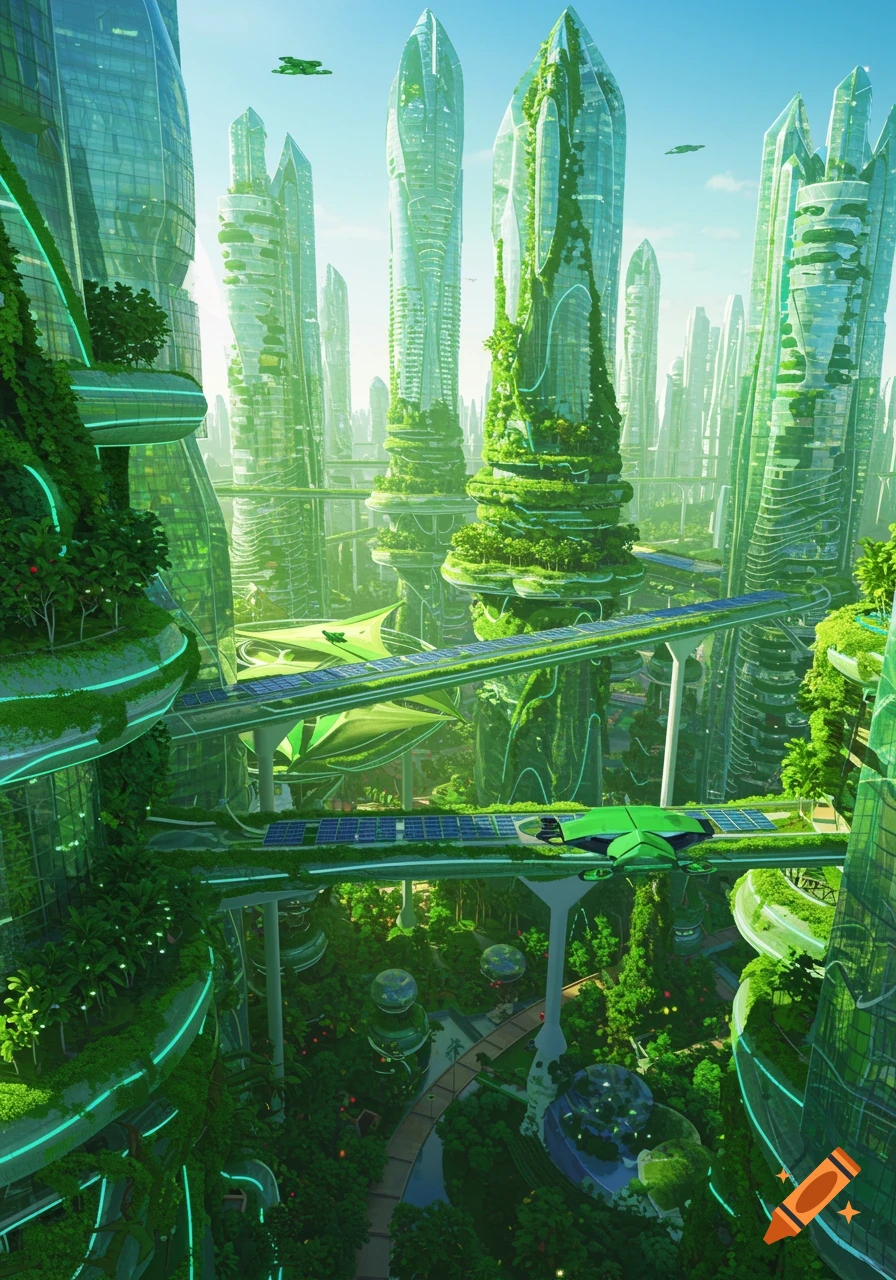 A vibrant, lush green futuristic city with towering bio-integrated skyscrapers, sky bridges, and flying vehicles.