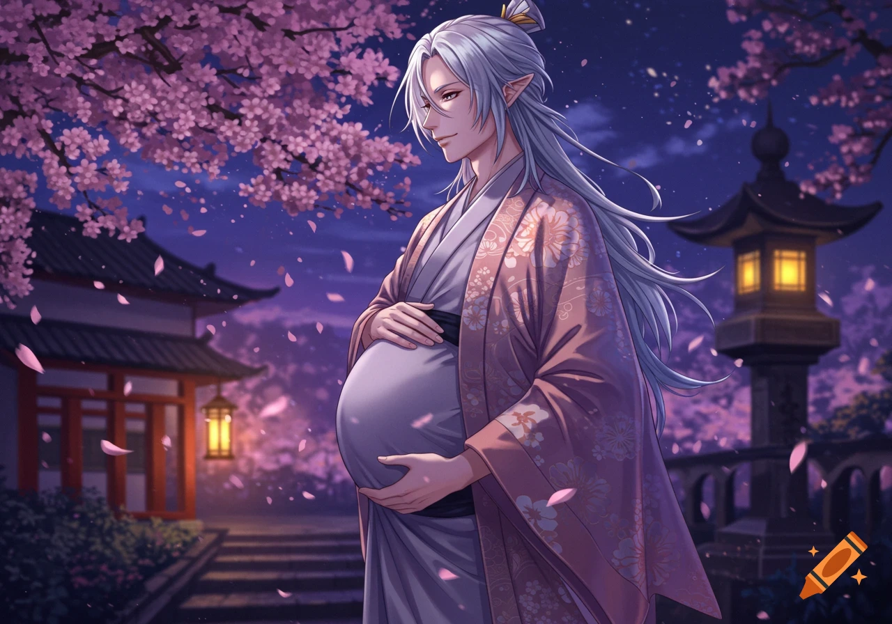 An anime male character with long white hair and elf ears, wearing a pink kimono, holding his large pregnant belly under a cherry blossom tree at night.