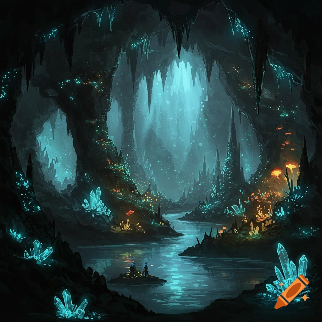 A dark, mythical cave with glowing blue crystals, stalactites, a stream, and two small figures on an island.
