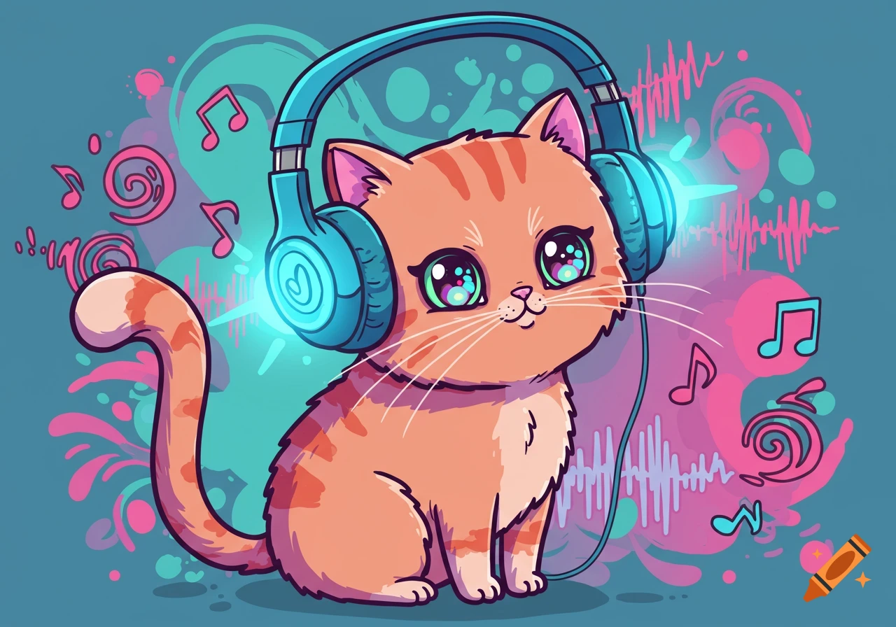 A cute orange cartoon cat wearing blue headphones, surrounded by colorful musical notes and sound waves.