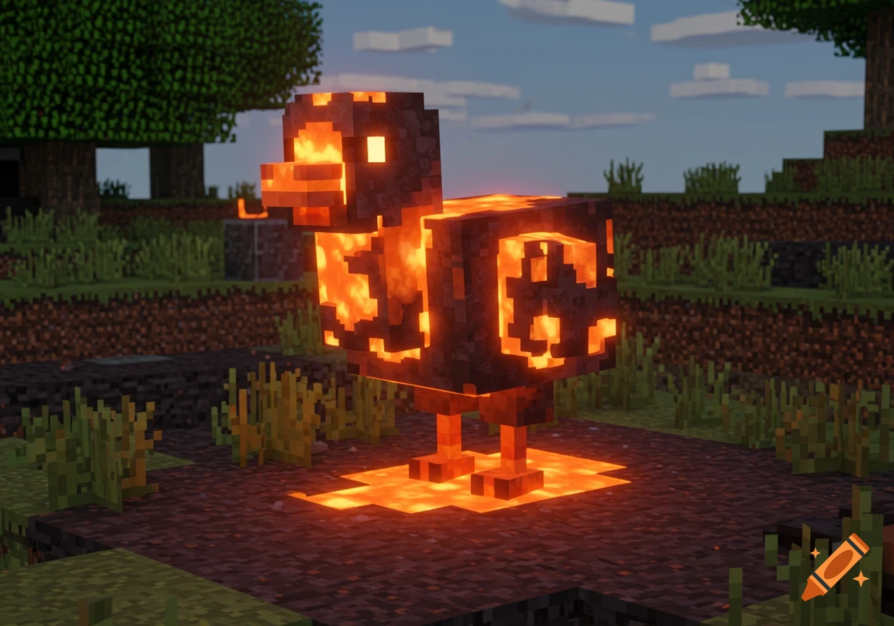 A blocky, Minecraft-style lava chicken stands in a pixelated landscape under a blue sky.