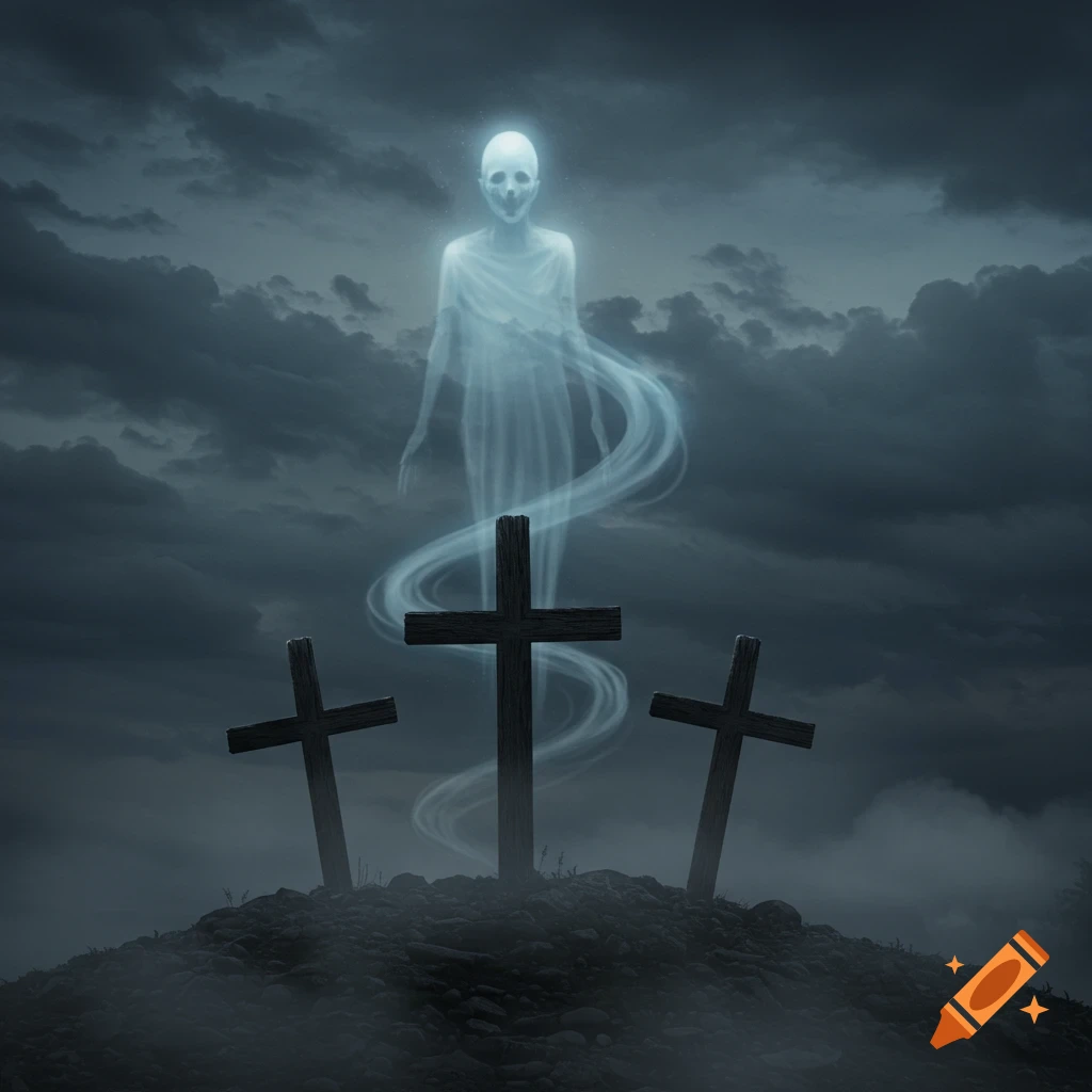 A glowing, ethereal ghost hovers over three wooden crosses on a dark, misty hill under a cloudy sky, digital painting.