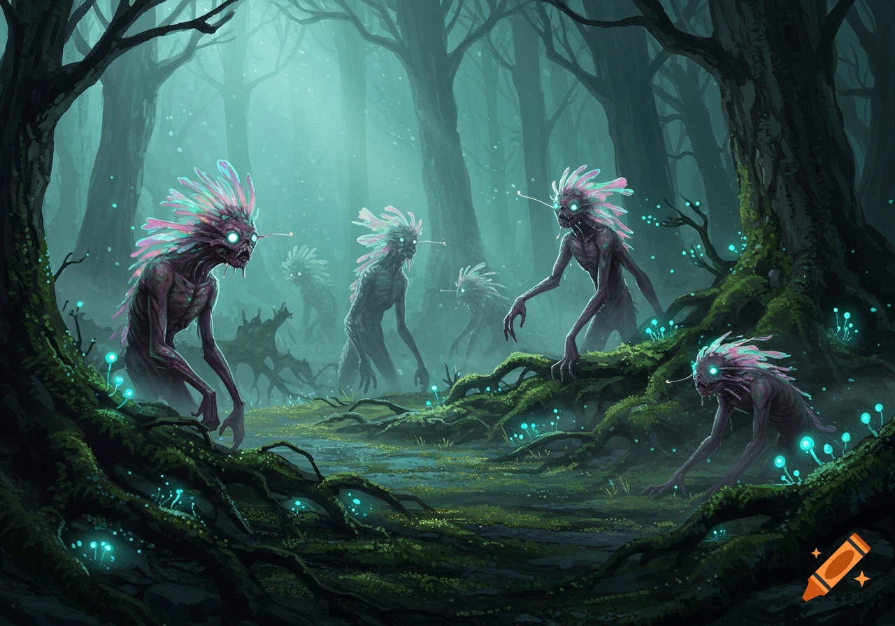 Mysterious mutant creatures with glowing eyes and spiky hair in a dark, misty forest with bioluminescent mushrooms.
