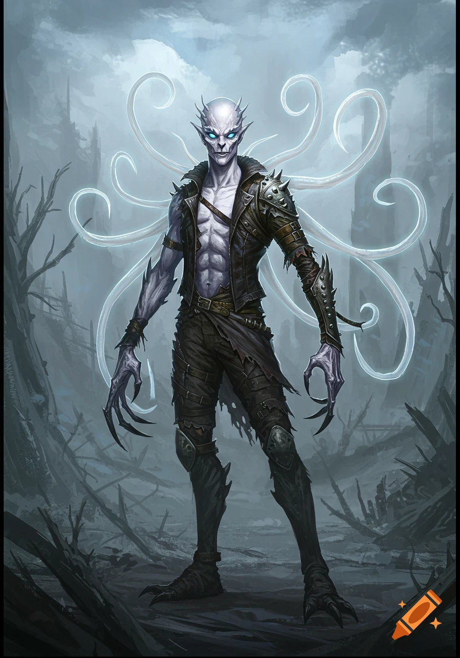 A pale, horned creature with glowing blue eyes, sharp claws, and a spiked jacket stands in a desolate, misty landscape.