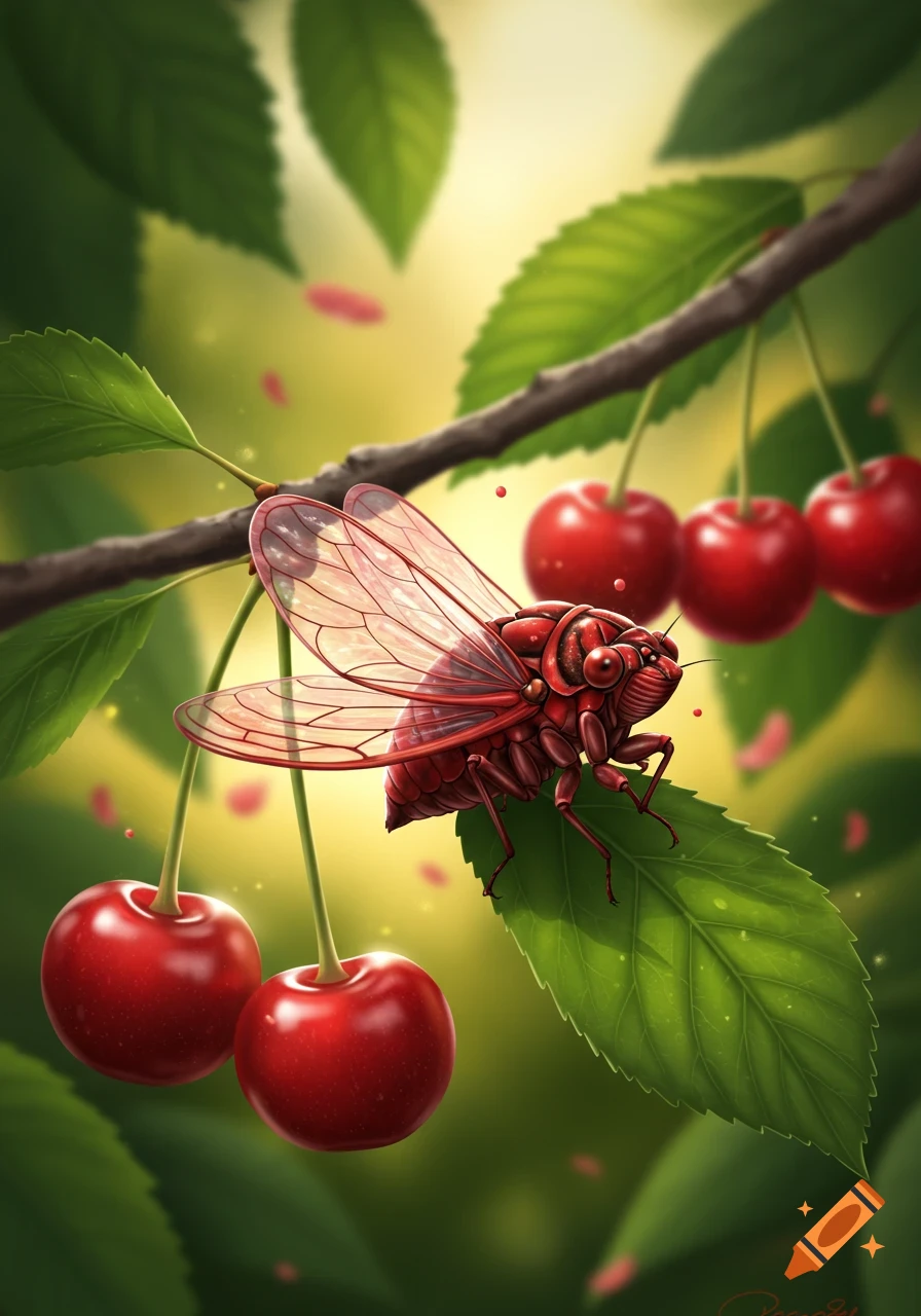 A vibrant red cicada with translucent wings rests on a green leaf on a cherry tree branch, with ripe red cherries.