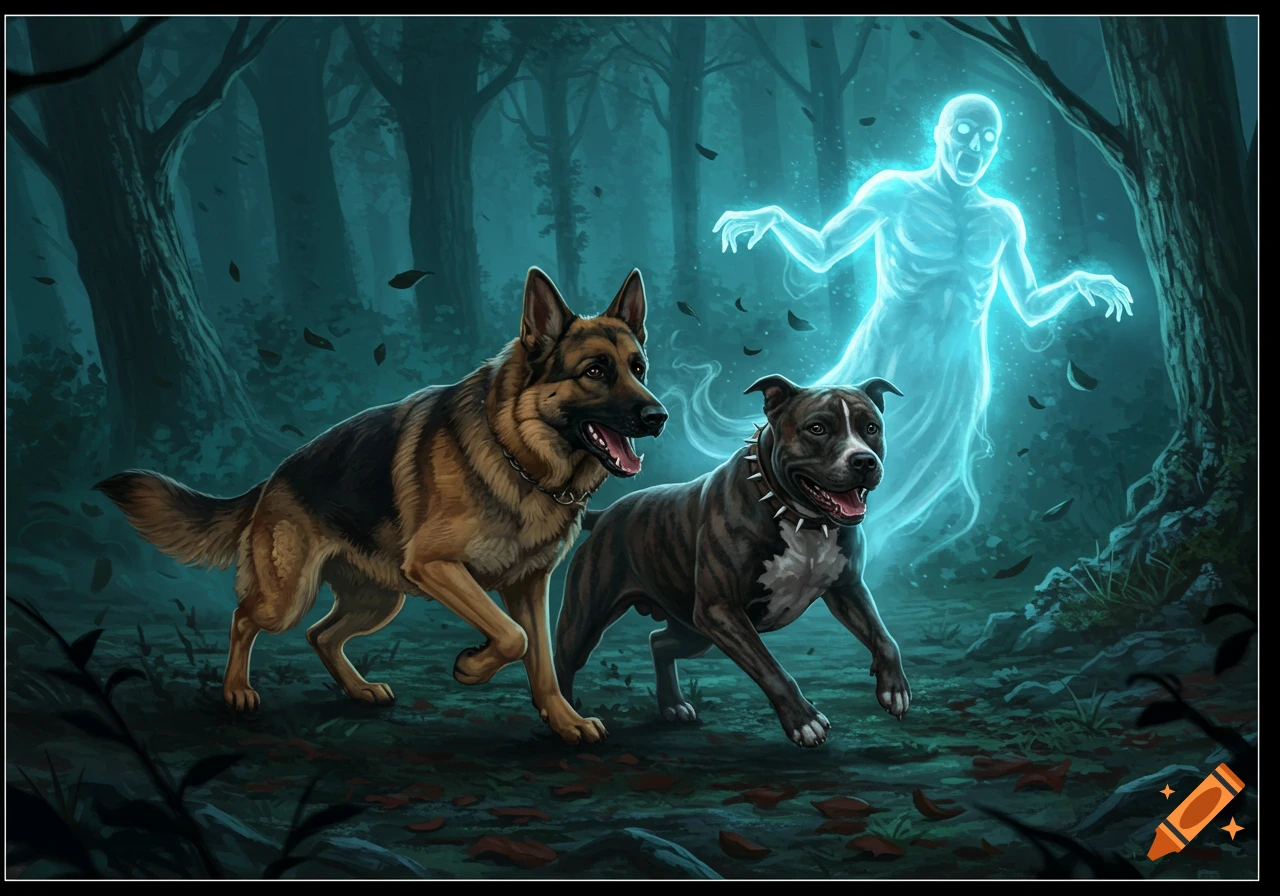 A German Shepherd and a brindle pitbull running through a dark forest, chasing a glowing blue ghost, digital art.