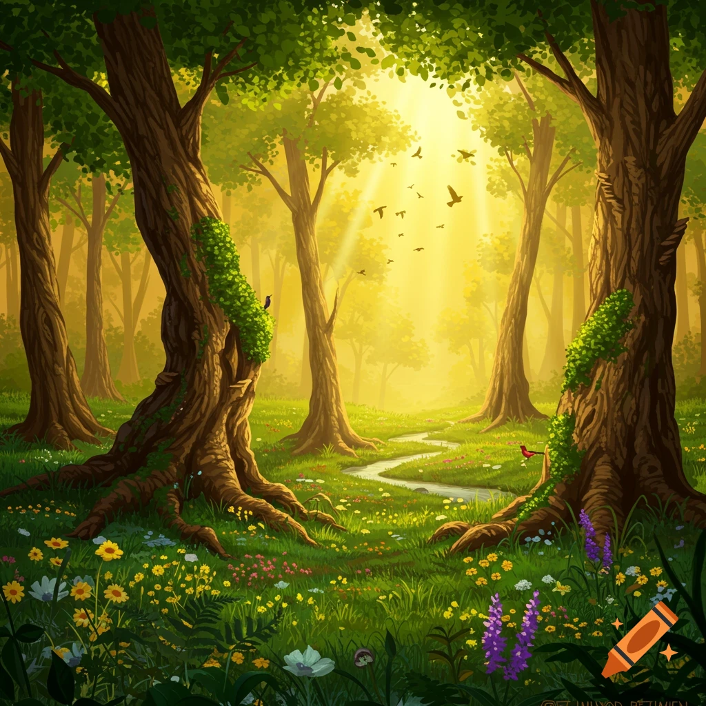 Vibrant painting of a sunlit forest with tall trees, a winding stream, green grass, and colorful wildflowers.