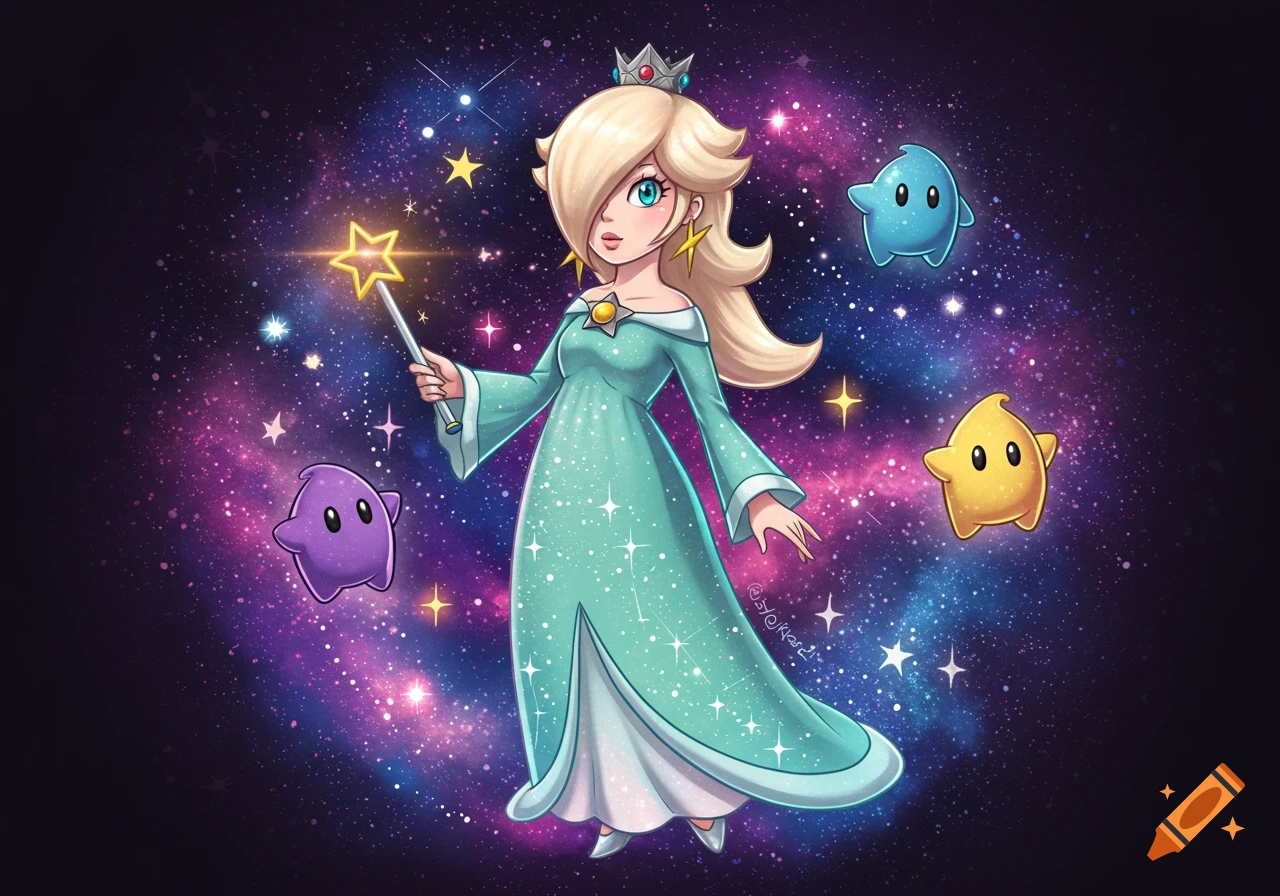 Rosalina, a blonde princess in a light blue dress, holds a star wand in a vibrant purple and blue galaxy with Luma companions.