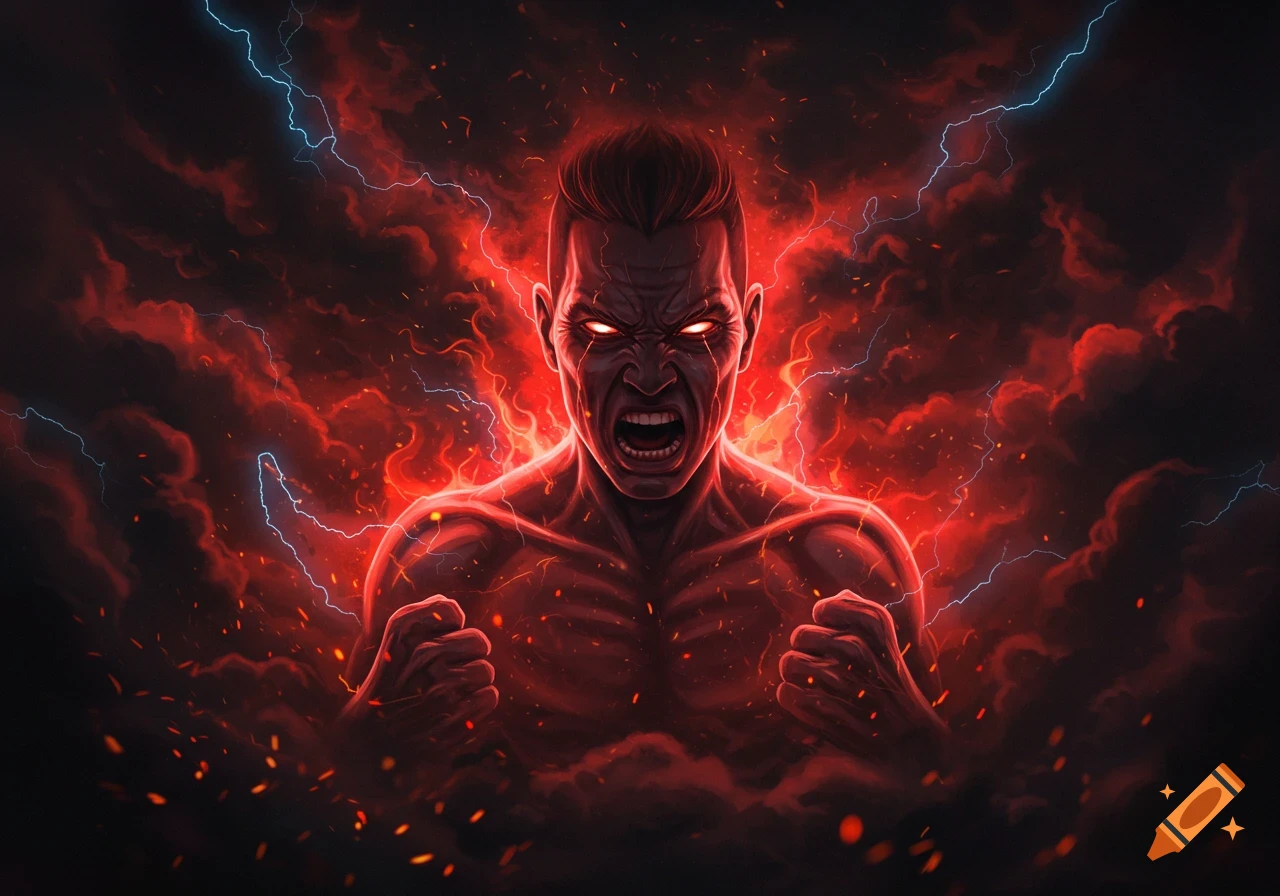 An enraged man with glowing red eyes screams, surrounded by red energy, smoke, and blue lightning in a dark, fiery illustration.