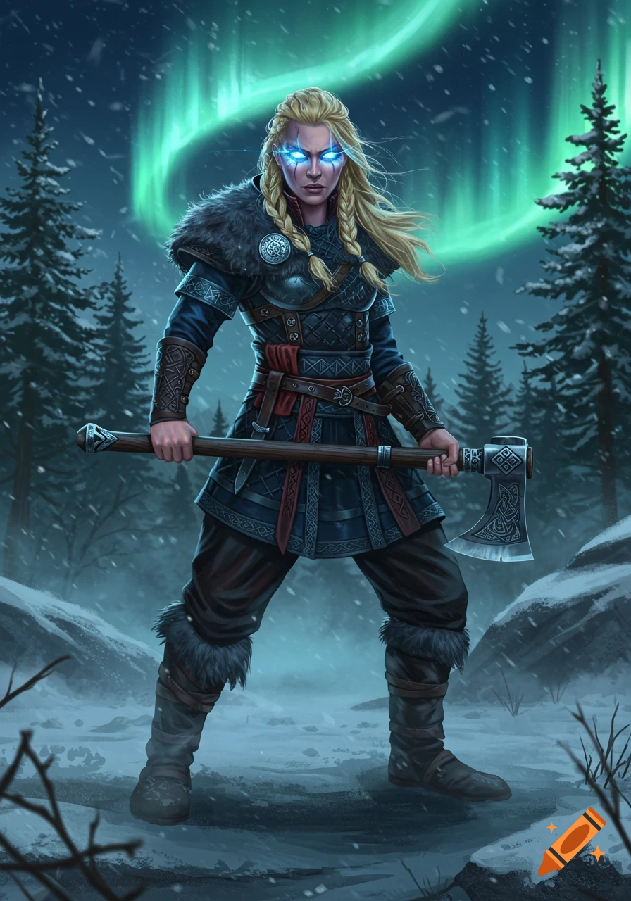 A blonde female Viking warrior with glowing blue eyes stands in a snowy forest at night, holding an axe under a green aurora borealis.