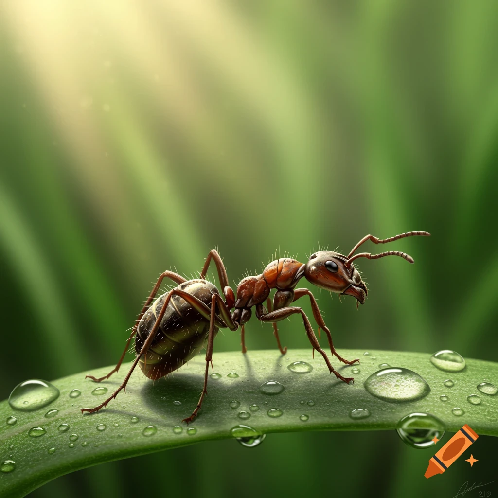 A photorealistic close-up of a brown ant on a green leaf covered in dew drops.