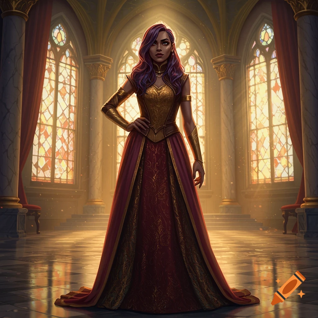 A regal woman with purple hair in a gold and red gown stands in a grand, sunlit hall with stained-glass windows.